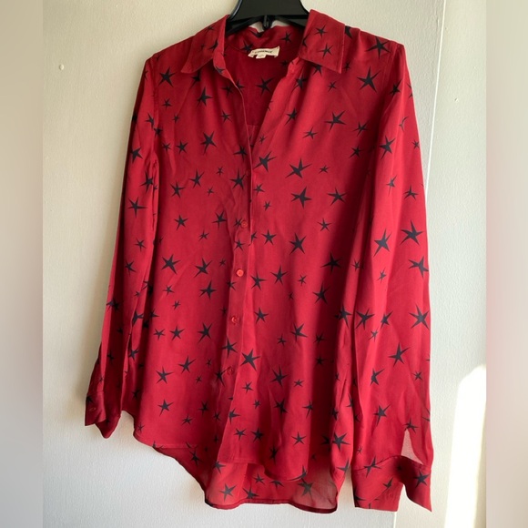 L’Agence 100% Silk Buttondown Red Black Star Women's Top Blouse Shirt Celestial - Picture 12 of 13